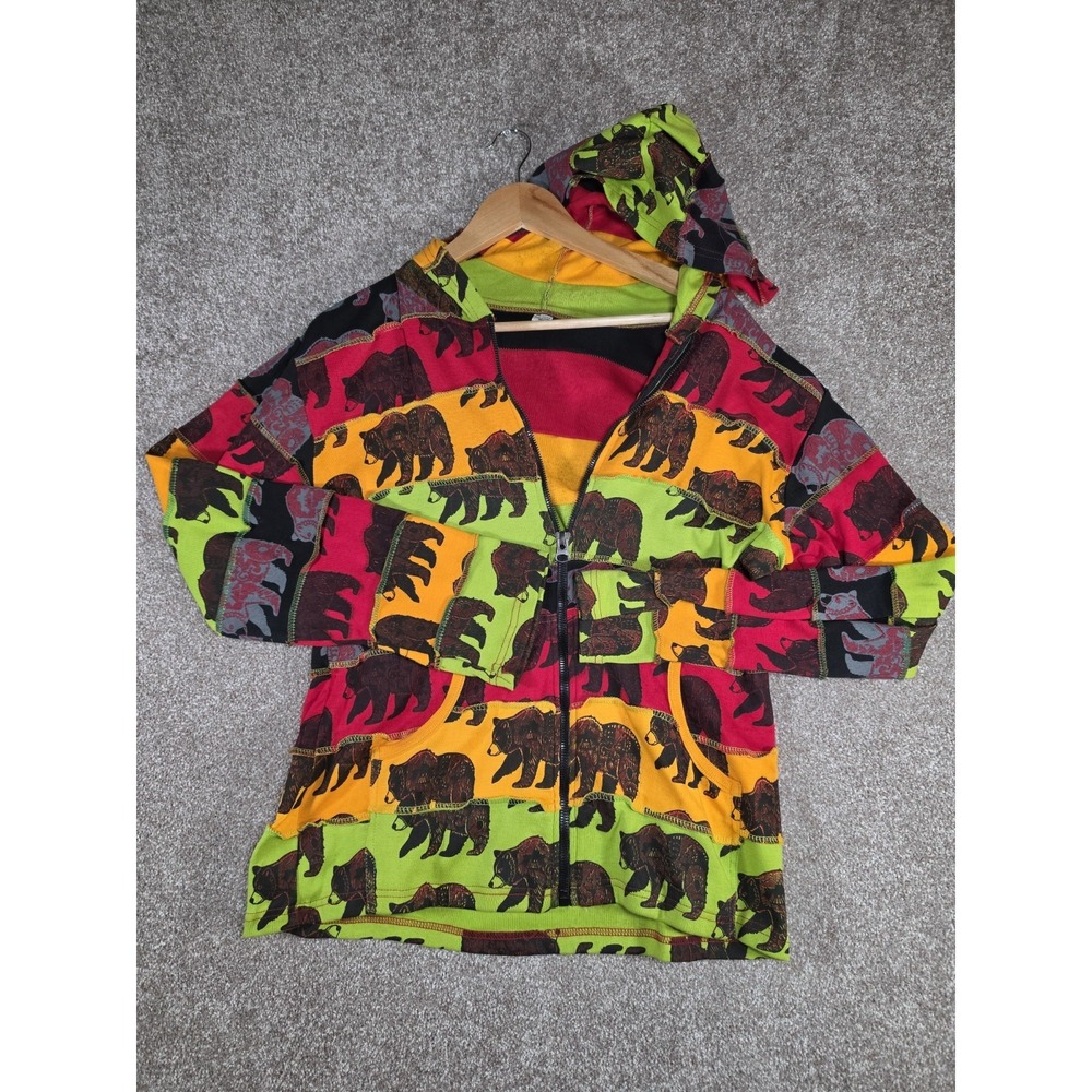Patchwork Bear Print Hoodie Hippie Nepal Cotton Full Zip Colorful‎ Festival M/L